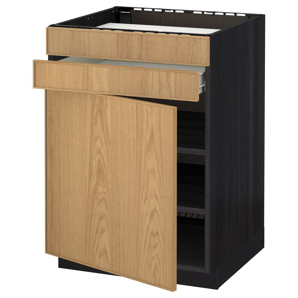 Напольный шкаф для варочной панели, доводчик, 2 фасада, 1 ящик МЕТОД / ФОРВАРА, черный, Экестад дуб (60x60 см) - схема-чертеж с размерами