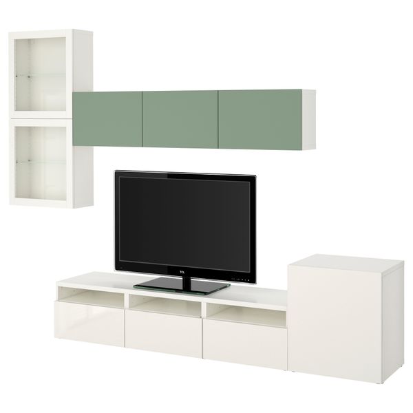 Шкаф для ТВ, комбинированный, стекляные дверцы БЕСТО, Лаппвикен зеленый, Синдвик белый прозрачное стекло (300x20/40x211 см) - фото 1