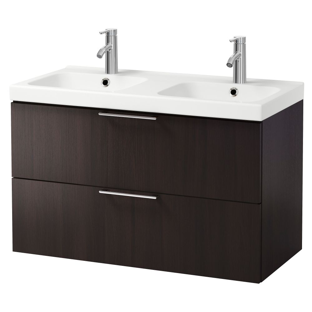 Шкаф для раковины с 2 ящиками ГОДМОРГОН / ОДЕНСВИК, черно-коричневый (100x49x64 см) - фото 1