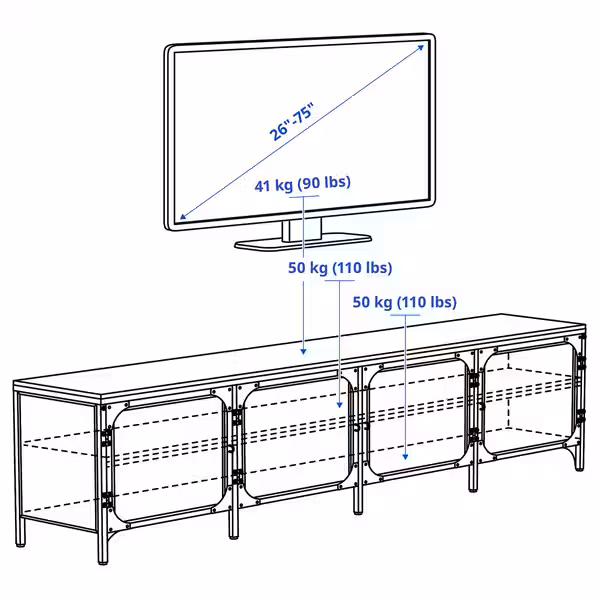 FJÄLLBO Тумба под ТВ - чёрный 198x45x54 см - схема-чертеж с размерами