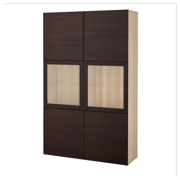 Комбинация для хранения со стеклянными дверцами БЕСТО, под беленый дуб, Инвикен черно-коричневый прозрачное стекло (120x40x192 - фото 1