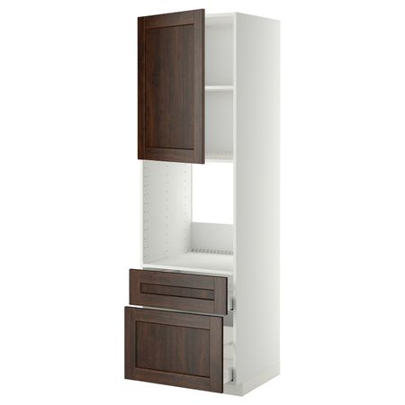 Высокий шкаф для духовки + дверца, 2 фронтальные панели, 1 средняя, 1 встроенный ящ, белый/Эдсерум коричневый 60x60x200 см IKEA
