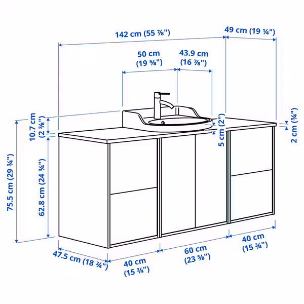 TÄNNFORSEN ТАННФОРСЕН / RUTSJÖN РУТШЁН Шкаф п-раковину/раковина/смеситель - схема-чертеж с размерами