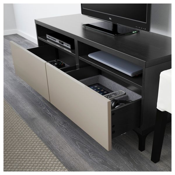Тумба для ТВ с ящиками БЕСТО, черно-коричневый, Сельсвикен глянцевый/бежевый (120x40x48 см) - фото 3