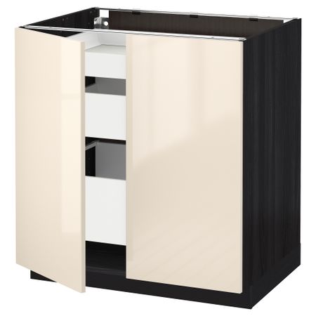 Напольный шкаф с 2 дверцами, 3 ящиками МЕТОД / МАКСИМЕРА, черный, Рингульт кремовый (80x60 см)