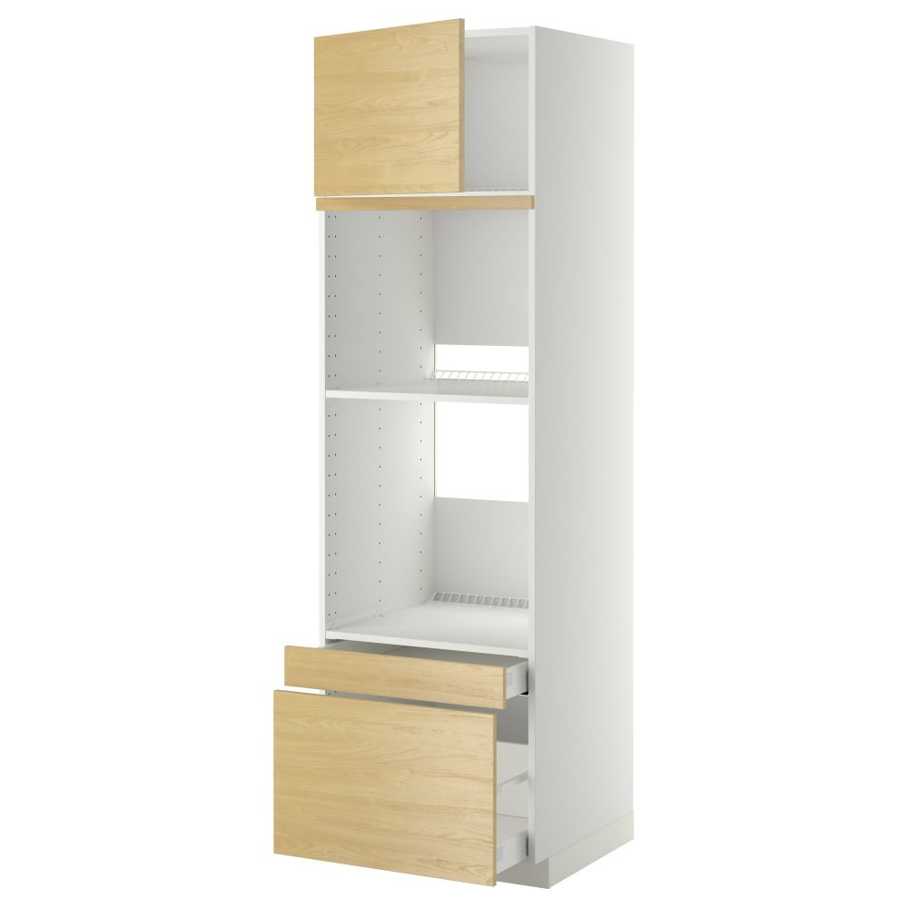 Высокий шкаф для духовки комбинированный, духовка + дверца, 2 ящика МЕТОД / МАКСИМЕРА, белый, Тингсрид береза - фото 1