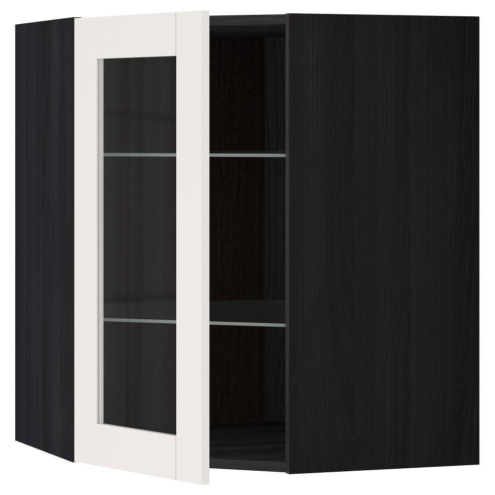 Угловой навесной шкаф с полками, стекляными дверцами МЕТОД, черный, Сэведаль белый - схема-чертеж с размерами