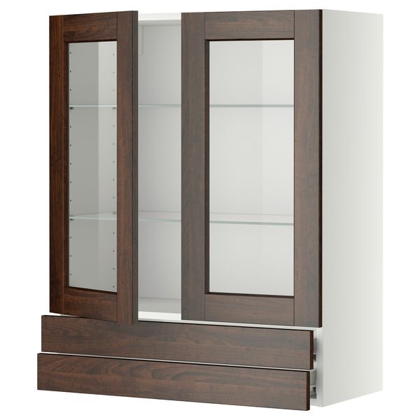 Навесной шкаф, 2 стеклянные дверцы, 2 ящика МЕТОД / ФОРВАРА, белый, Эдсерум коричневый - фото 1
