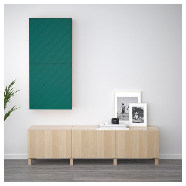 Навесной шкаф с 2 дверями БЕСТО, под беленый дуб, Халлставик сине-зеленый (60x20x128 см) - фото 2