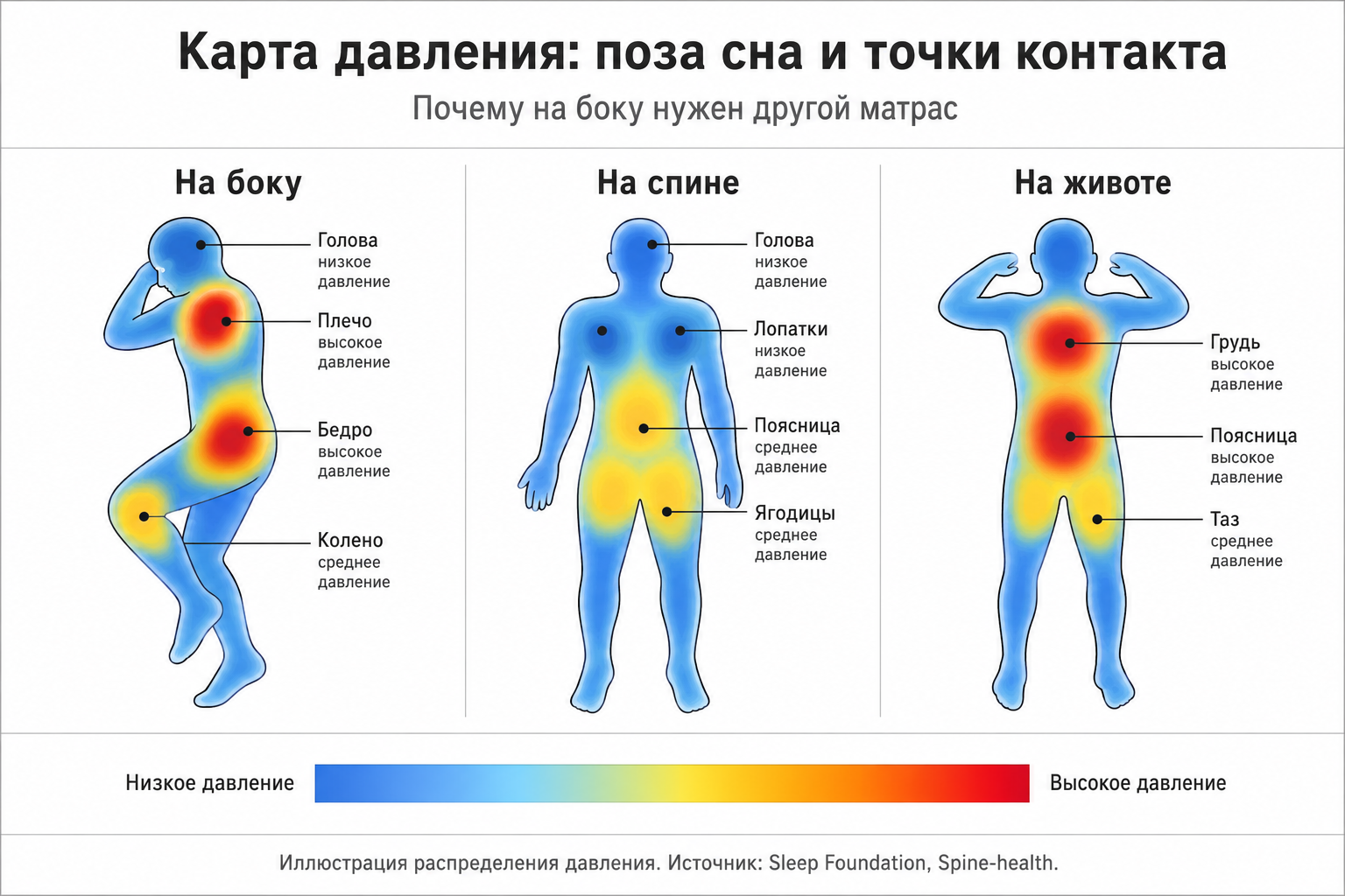 Тепловая карта давления на матрас в трёх позах: на боку, на спине и на животе