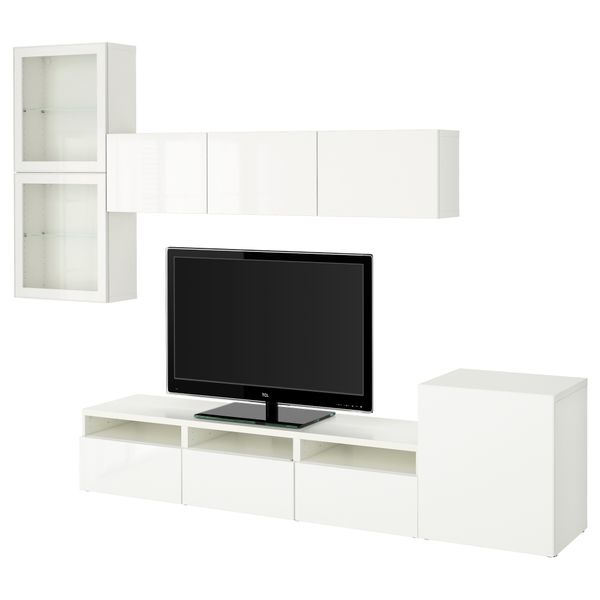 Шкаф для ТВ, комбинированный, стекляные дверцы БЕСТО, белый, Сельсвикен глянцевый/белый прозрачное стекло (300x20/40x211 см) - фото 1