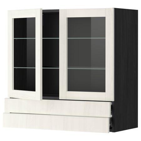 Навесной шкаф, 2 стеклянные дверцы, 2 ящика МЕТОД / ФОРВАРА, черный, Росдаль белый