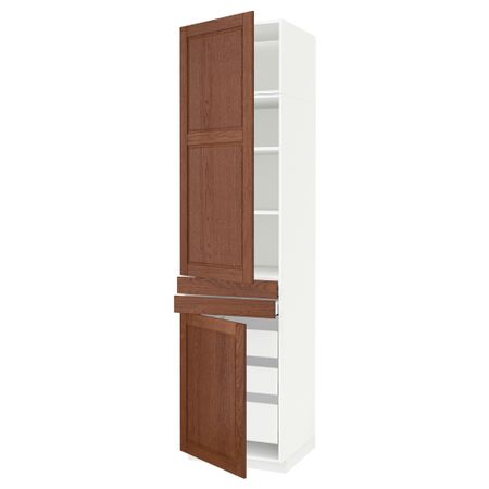 Высокий шкаф + полки, 5 ящиков, 2 дверцы, 2 фронтальных МЕТОД / МАКСИМЕРА, белый, Филипстад коричневый