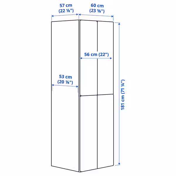 SMÅSTAD / PLATSA Гардероб - белый сиреневый/с 2 платяными штангами 60x57x181 см - схема-чертеж с размерами