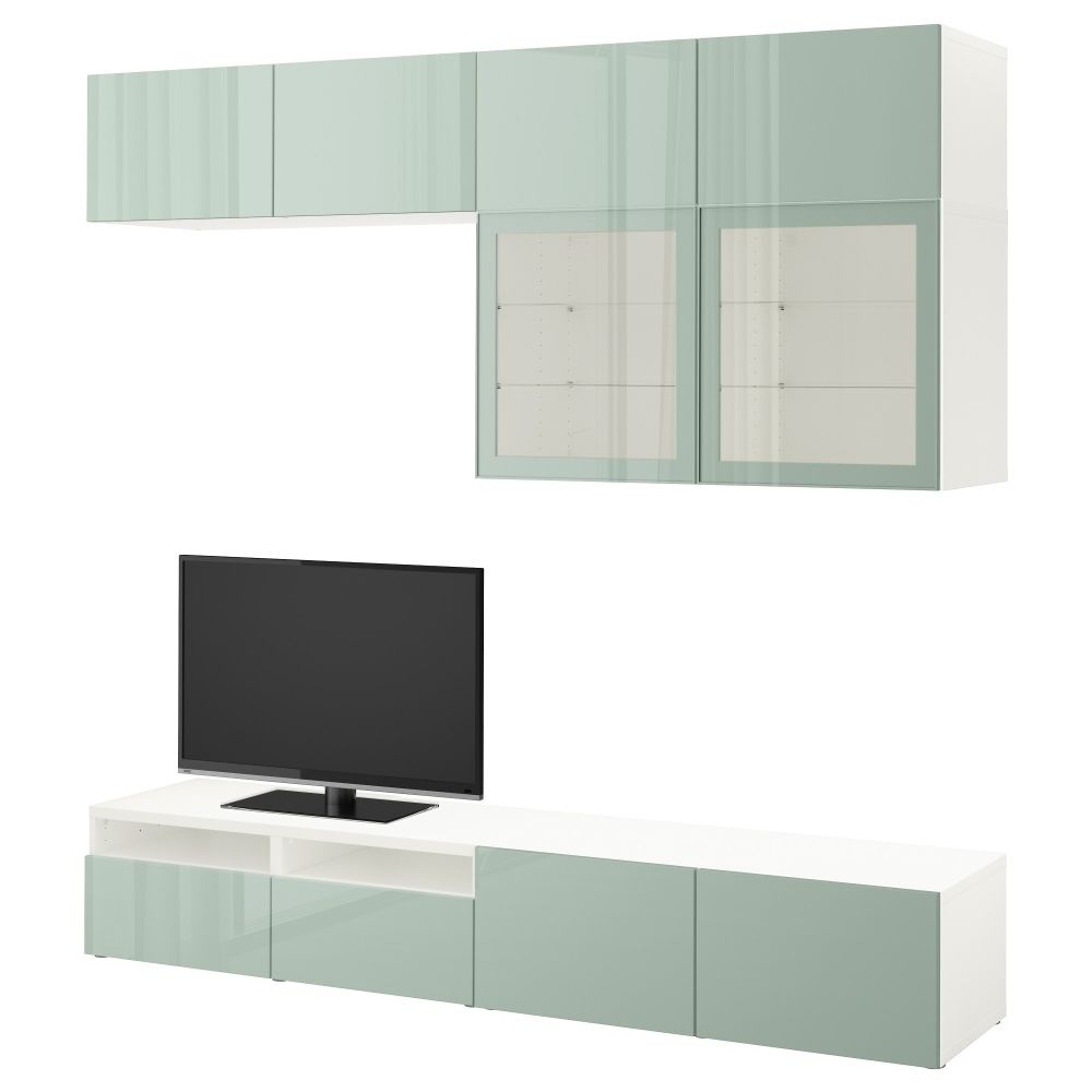 Шкаф для ТВ, комбинированный, стекляные дверцы БЕСТО, белый Сельсвикен, глянцевый/серо-зеленый светлый прозрачное стекло - фото 1