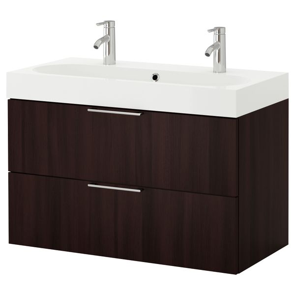 Шкаф для раковины с 2 ящиками ГОДМОРГОН / БРОВИКЕН, черно-коричневый (100x49x68 см) - фото 2