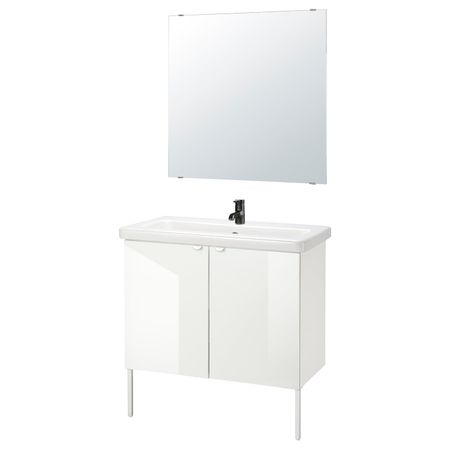 Комплект мебели для ванной,7 предм., глянцевый белый/Сальен смеситель 84x43x88 см IKEA FISKÅN ФИСКОН / TVÄLLEN ТВЭЛЛЕН