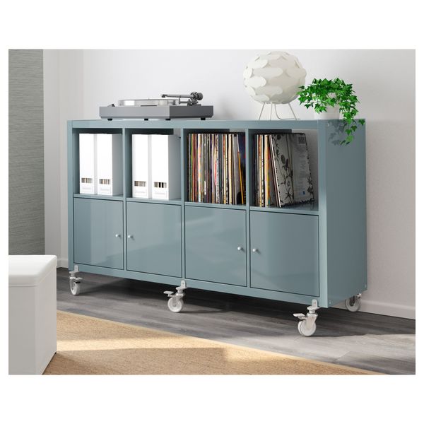 Стеллаж, 4 дверцы, колесики КАЛЛАКС, глянцевый серо-бирюзовый (147x89 см) - схема-чертеж с размерами