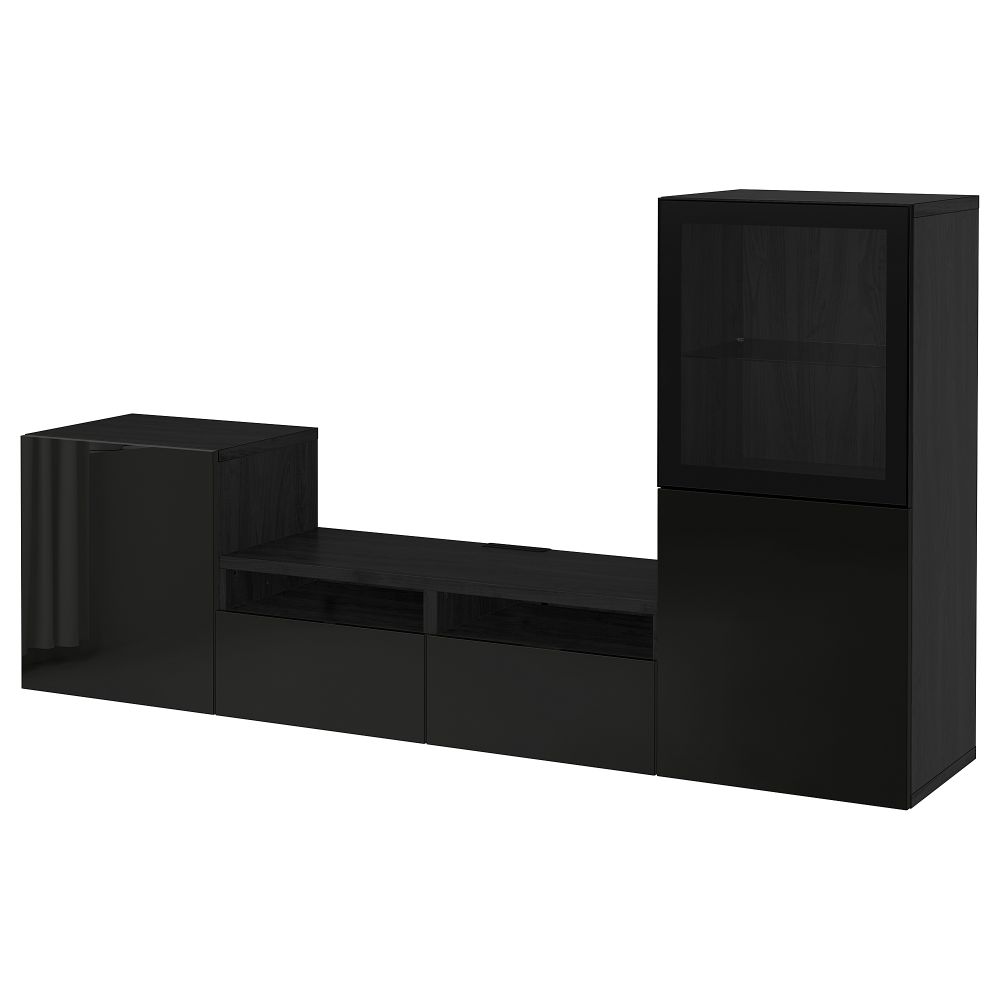 Шкаф для ТВ, комбинированный, стекляные дверцы, 240x40x128 см, черно-коричневый, Selsviken глянцевый, черный прозрачное стекло - фото 1