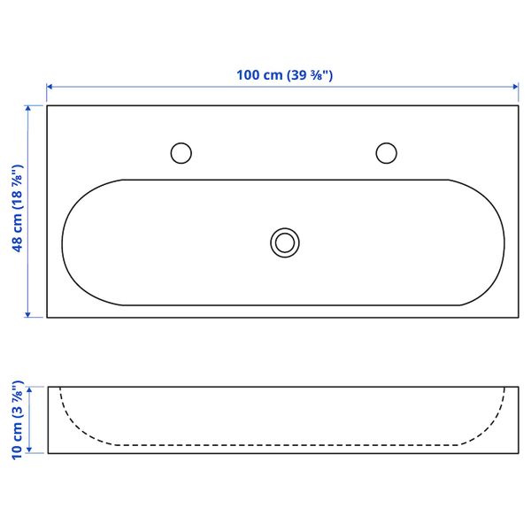 Одинарная раковина, белый 100x48x10 см IKEA BRÅVIKEN БРОВИКЕН 903.689.80 - схема-чертеж с размерами