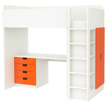 Кровать-чердак, 4 ящика, 2 дверцы СТУВА, белый, оранжевый (207x99x193 см)
