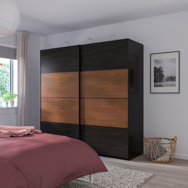 4 панели для рамы раздвижной дверцы, под мореный ясень, черно-коричневый/под коричневый мореный ясень 75x236 см IKEA MEHAMN - фото 2