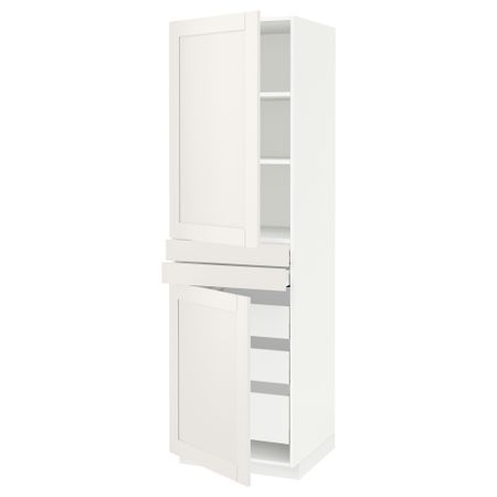 Высокий шкаф + полки, 5 ящиков, 2 дверцы, 2 фронтальных МЕТОД / МАКСИМЕРА, белый, Сэведаль белый