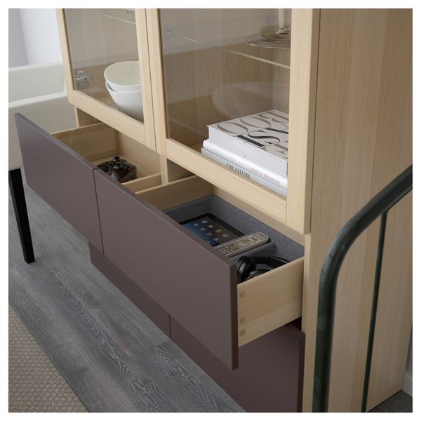 Комбинация для хранения со стеклянными дверцами БЕСТО, под беленый дуб, Вальвикен темно-коричневый, прозрачное стекло - схема-чертеж с размерами