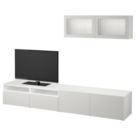 Шкаф для ТВ, комбинированный, стекляные дверцы БЕСТО, белый, Лаппвикен светло-серый прозрачное стекло (240x20/40x166 см)