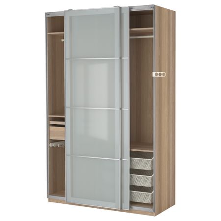 Гардероб ПАКС, под беленый дуб, Сэккен матовое стекло (150x66x236 см)