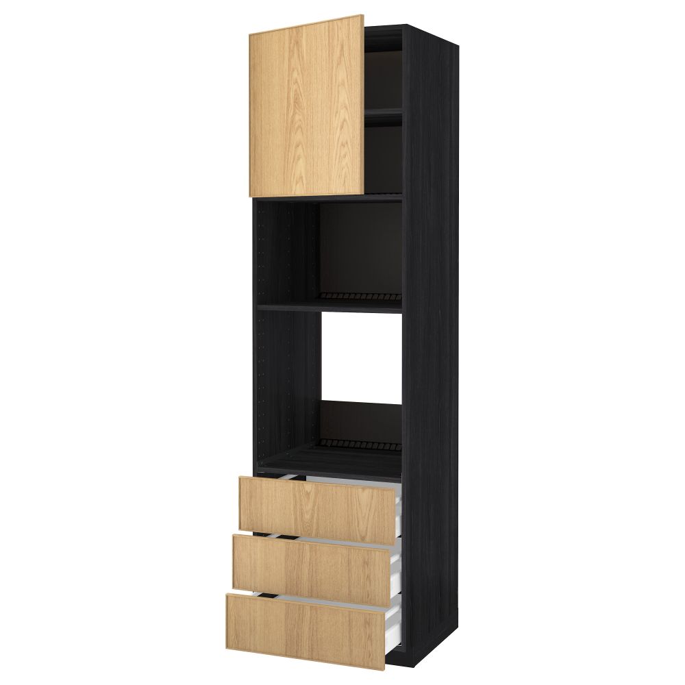 Высокий шкаф для духовки/СВЧ дверца, 3 ящика МЕТОД / МАКСИМЕРА, черный, Экестад дуб - схема-чертеж с размерами