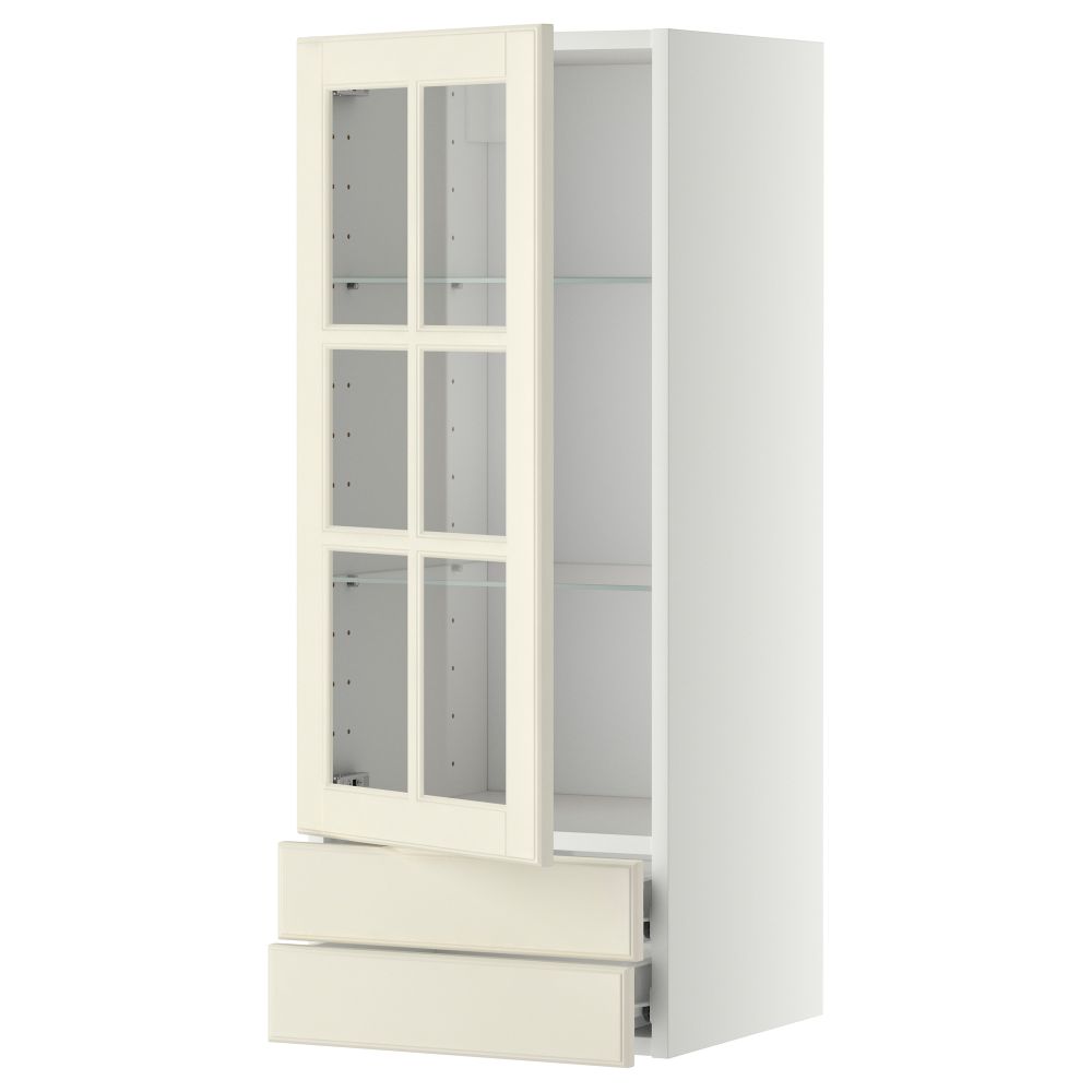 Навесной шкаф, стеклянная дверца, 2 ящика МЕТОД / ФОРВАРА, белый, Будбин белый с оттенком - фото 1