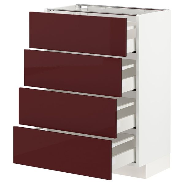 Напольный шкаф 4 фронтальных панели, 4 ящика, белый Калларп/глянцевый темный красно-коричневый 60x37 см IKEA METOD МЕТОД / - фото 1