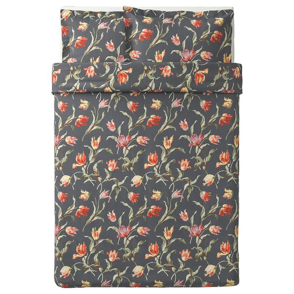 Пододеяльник и 2 наволочки, серый/с цветочным орнаментом 200x200/50x70 см IKEA ÅLANDSROT ОЛАНДСРОТ 004.782.90 - фото 1
