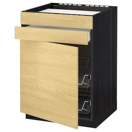 Напольный шкаф для варочной панели, ящик, 2 проволочных корзины МЕТОД / МАКСИМЕРА, черный, Тингсрид береза (60x60 см)