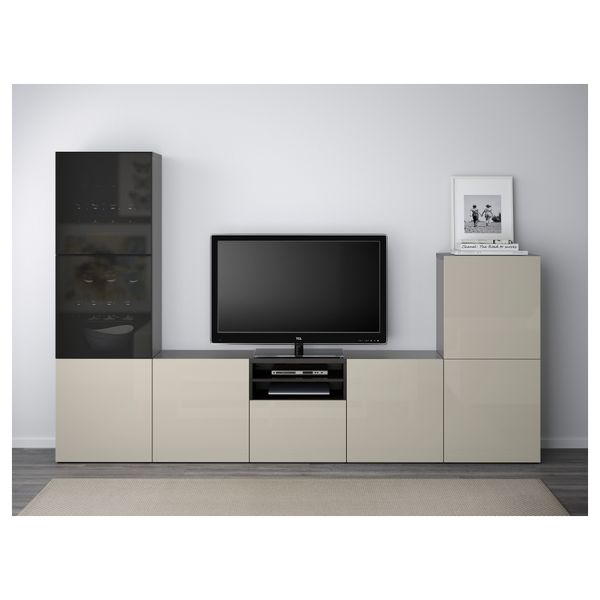 Шкаф для ТВ, комбинированный, стекляные дверцы БЕСТО, черно-коричневый, Сельсвикен глянцевый/бежевый/дымчатое стекло (300x40x192 - фото 2