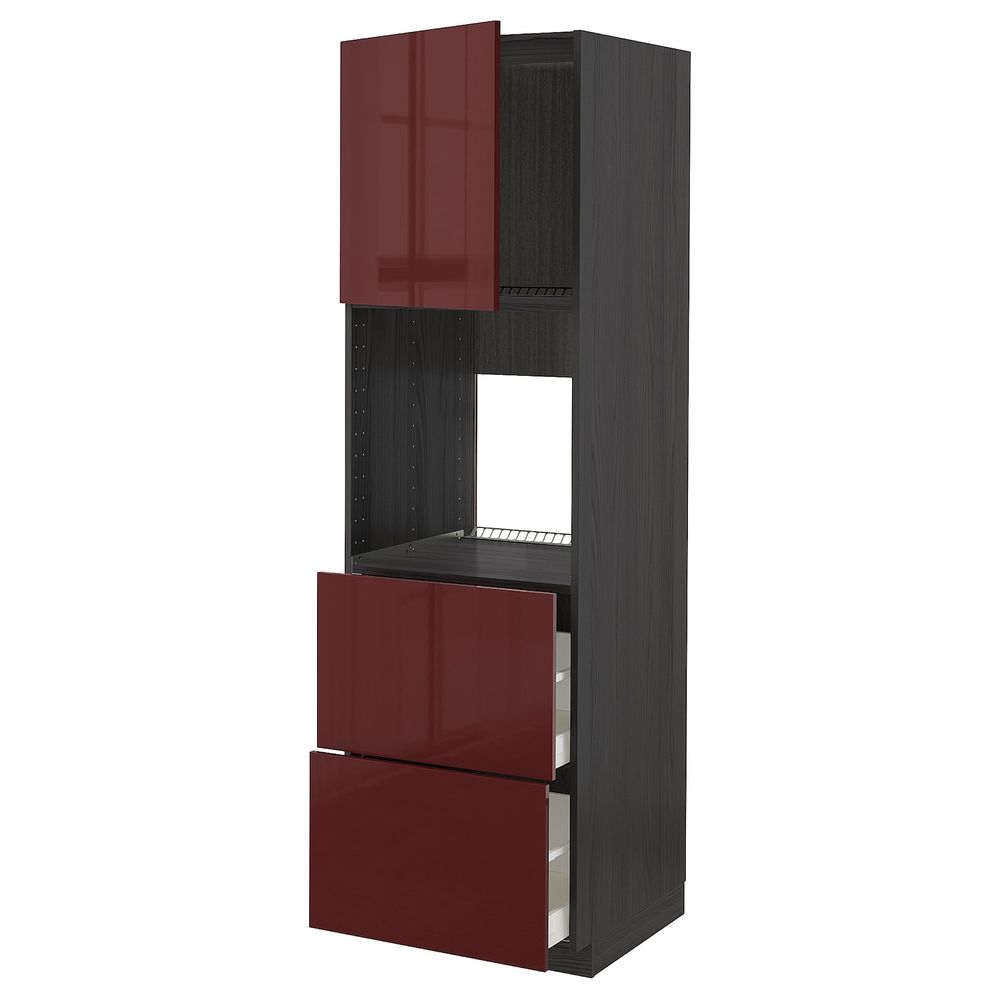 Высокий шкаф для духовки + дверца, 2 форнтальных, 2 высоких ящ, черный Калларп/глянцевый темный красно-коричневый 60x60x200 см - схема-чертеж с размерами