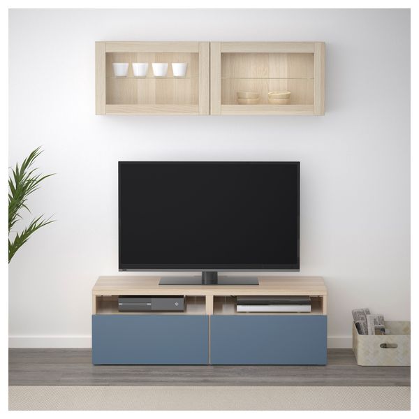 Шкаф для ТВ, комбинированный, стекляные дверцы БЕСТО, под беленый дуб Вальвикен, темно-синий прозрачное стекло (120x20/40x166 - фото 2