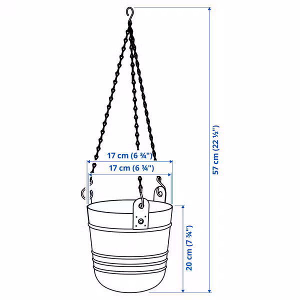 PÄRLRÖNN ПЭРЛРЁНН Кашпо подвесное - д/дома/улицы/чёрный 15 см - схема-чертеж с размерами