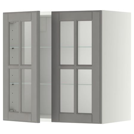 Навесной шкаф с полками, 2 стекло дв, белый/Будбин серый 60x60 см IKEA METOD МЕТОД 392.271.30
