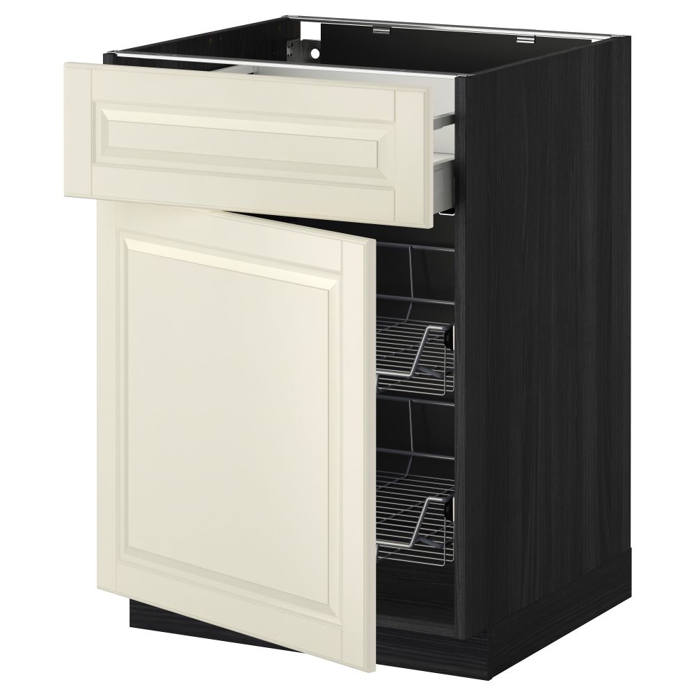 Напольный шкаф с проволочной корзиной, ящиком, дверью МЕТОД / МАКСИМЕРА, черный, Будбин белый с оттенком - схема-чертеж с размерами