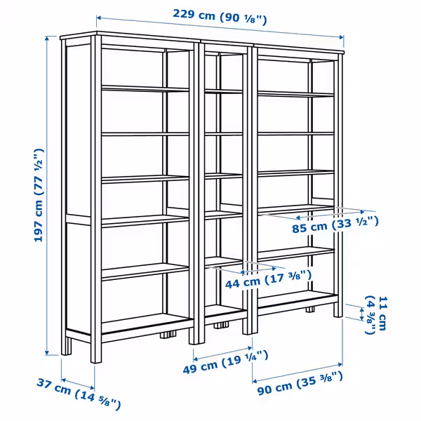 HEMNES Стеллаж - белая морилка 229x197 см - схема-чертеж с размерами