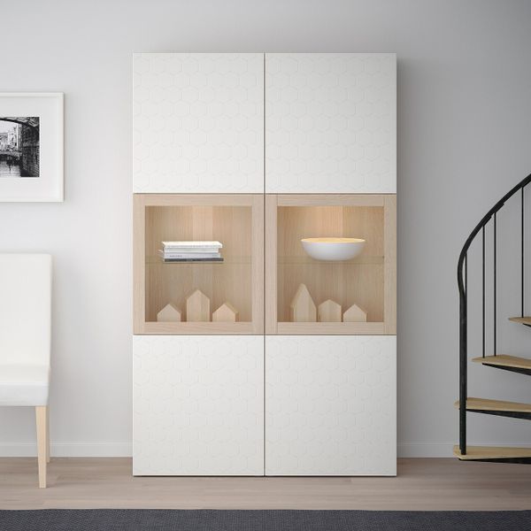 Комбинация для хранения + стеклянная дверц, под беленый дуб/вассвикен белый прозрачное стекло 120x40x192 см IKEA БЕСТО - фото 3