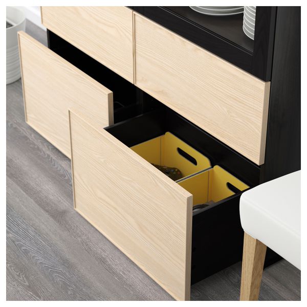 Комбинация для хранения со стеклянными дверцами БЕСТО, черно-коричневый, Инвикен ясеневый шпон (120x40x128 см) - схема-чертеж с размерами