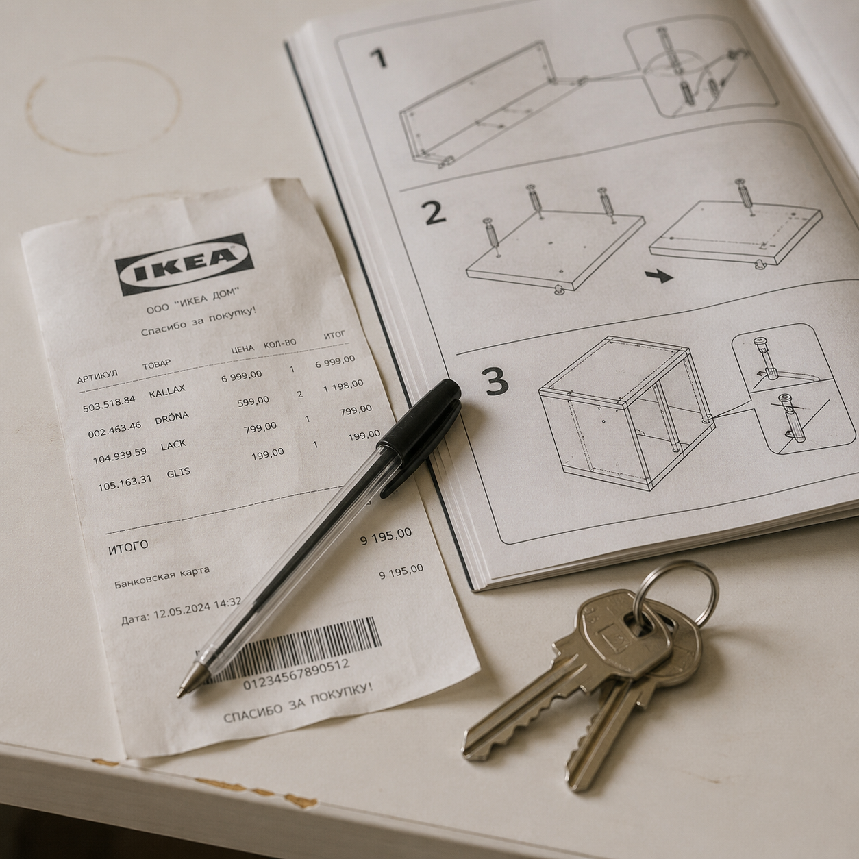 Чек из мебельного магазина и инструкция по сборке IKEA на белом столе