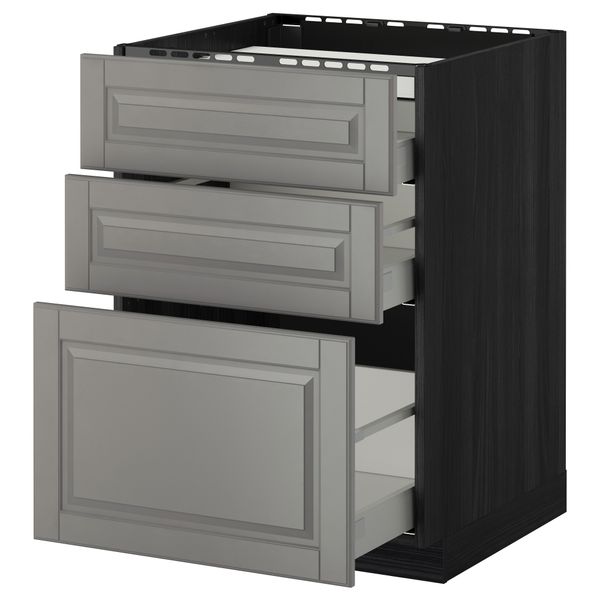 Напольный шкаф, 3 фронтальных панели, 3 ящика МЕТОД / МАКСИМЕРА, черный, Будбин серый - схема-чертеж с размерами
