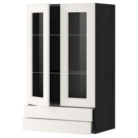 Навесной шкаф, 2 стеклянные дверцы, 2 ящика МЕТОД / МАКСИМЕРА, черный, Лаксарби белый