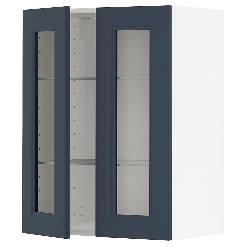 Навесной шкаф/полки/2стеклян двери, белый Акстад/матовая поверхность синий 60x80 см IKEA METOD МЕТОД 894.019.71 - фото 1