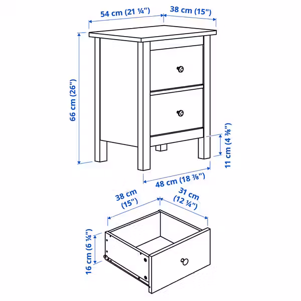 HEMNES Комод с 2 ящиками - черно-коричневый 54x66 см - схема-чертеж с размерами