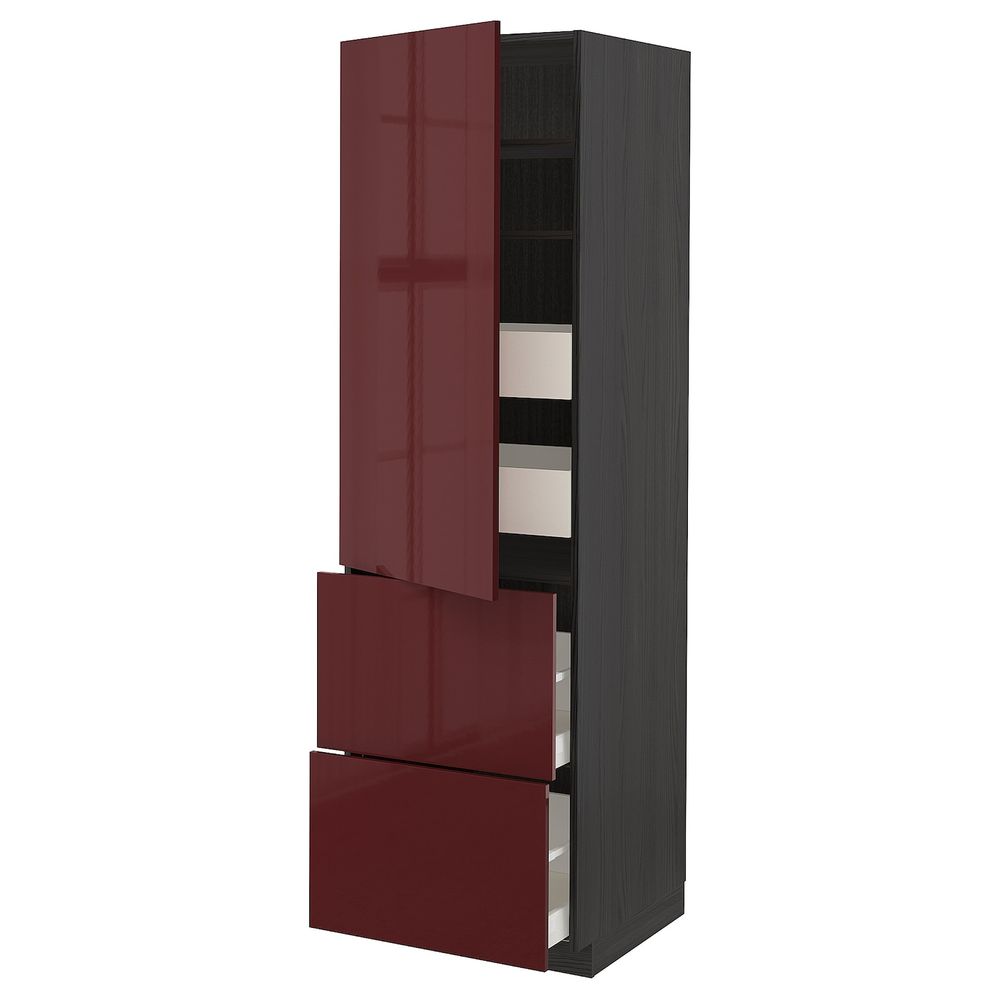 Высокий шкаф + полки, 4 ящика/2дверцы, черный Калларп/глянцевый темный красно-коричневый 60x60x200 см IKEA МЕТОД / МАКСИМЕРА - схема-чертеж с размерами